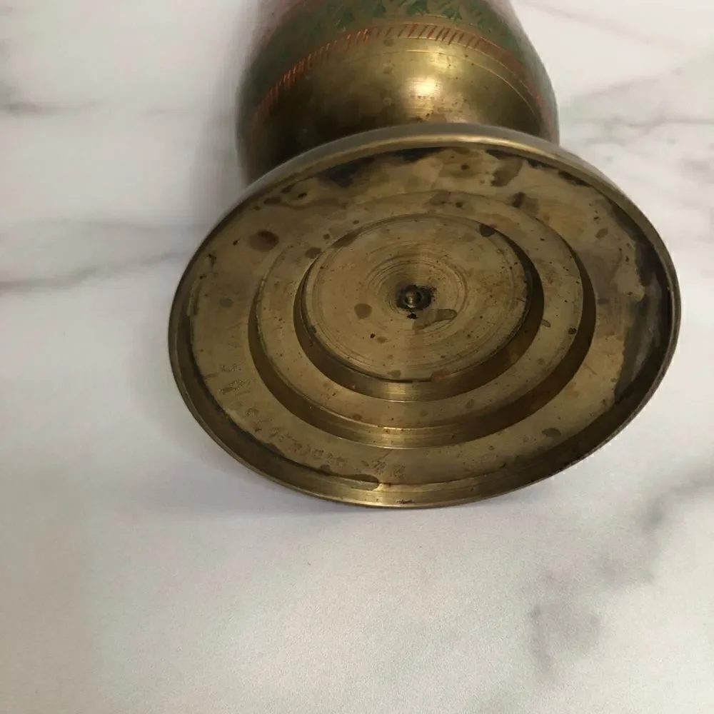 Vintage Etched Enamel Brass Footed Urn/Vase Red and Green Floral - Picture 6 of 10